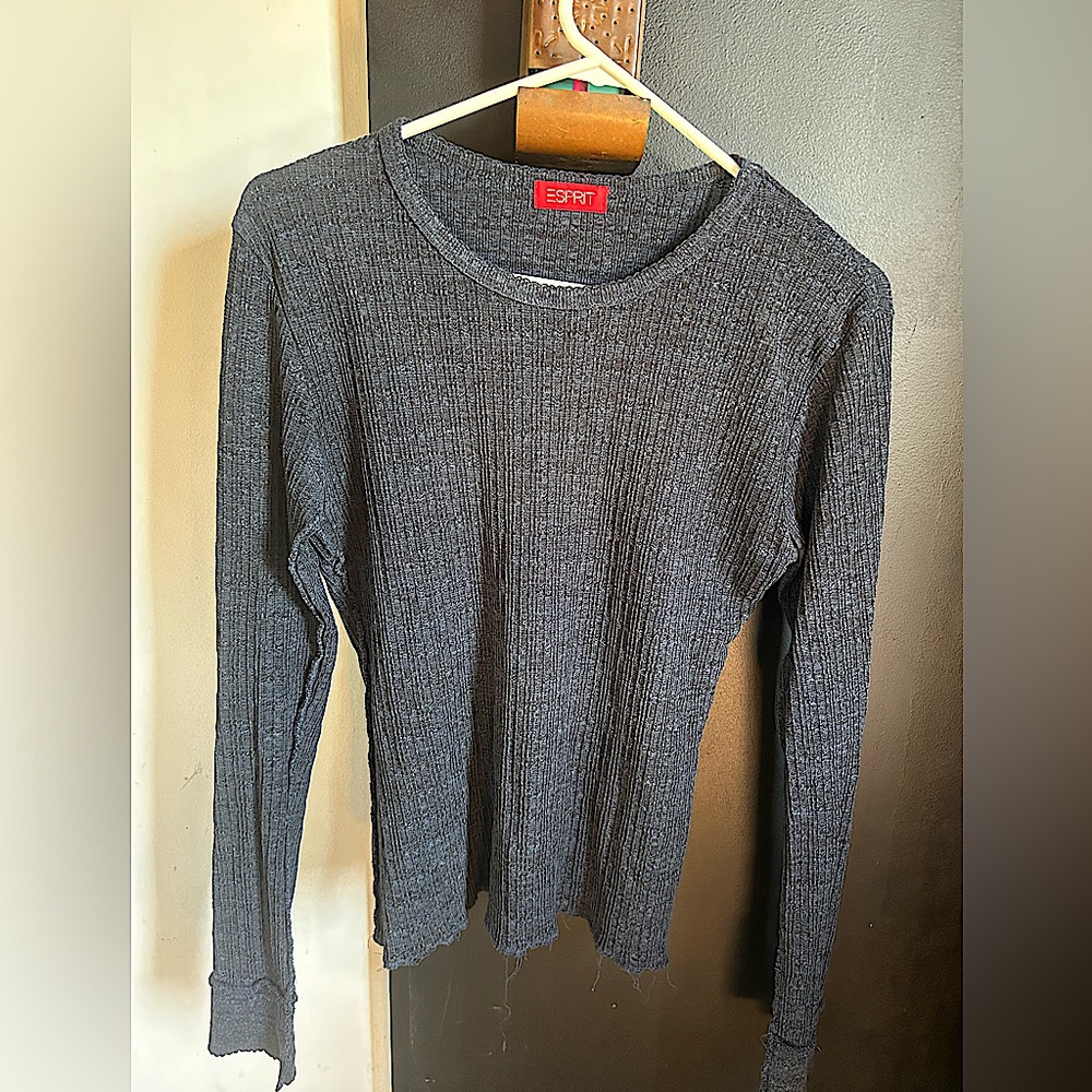 Vintage 90s Blue Black Ribbed Knit Top Size M